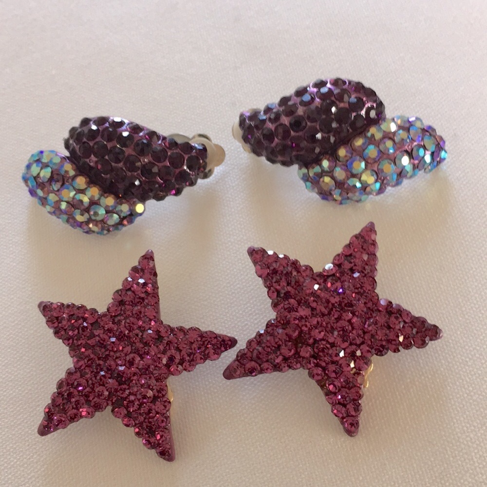 2 Clip on Earrings Cerise Stars &Plum/Lilac Swirls